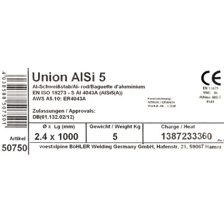 Bohler TIG drut spawalniczy pręt AlSi5 4043 aluminium 2.4x1000/opk. 5kg (cena za 1kg)