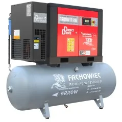 Sprężarka śrubowa Profi Kompressoren ARROW 11kW/500L zestaw na zbiorniku poziomym z osuszaczem chłodniczym 3 stopnie, filtrami 3