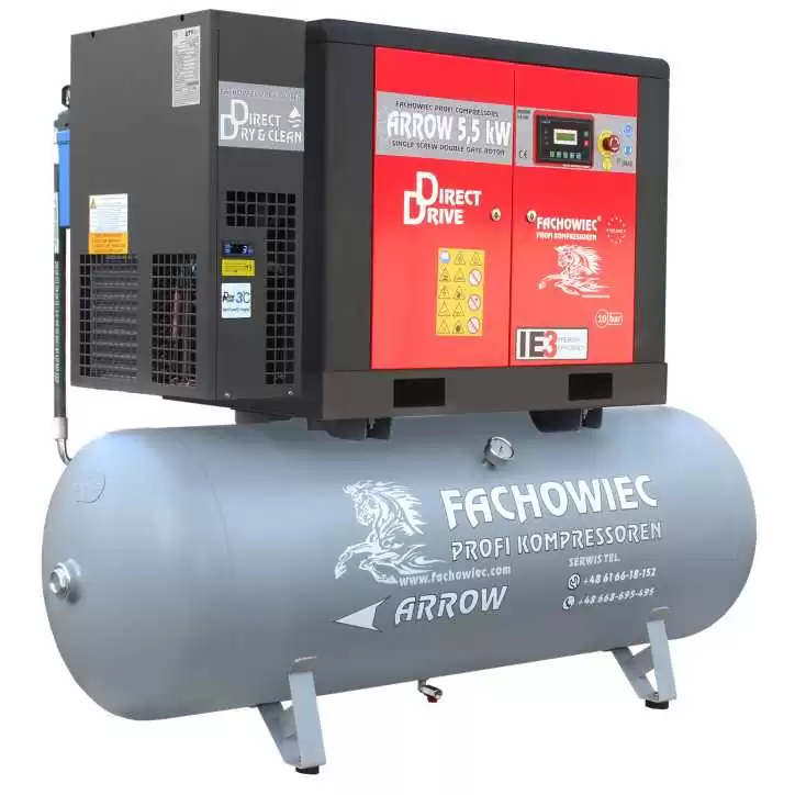 Sprężarka śrubowa Profi Kompressoren ARROW 5.5kW/500L zestaw na zbiorniku poziomym z osuszaczem chłodniczym 3 stopnie, filtrami 