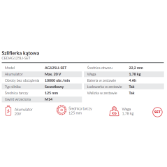 Szlifierka kątowa z baterią i ładowarką w walizce Cedrus CEDAG125LI-SET