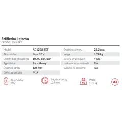 Szlifierka kątowa z baterią i ładowarką w walizce Cedrus CEDAG125LI-SET