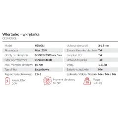 Wiertarko–wkrętarka udarowa Cedrus CEDHD60LI