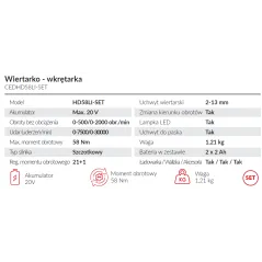 Wiertarko-wkrętarka udarowa Cedrus CEDHD58LI-SET + akcesoria