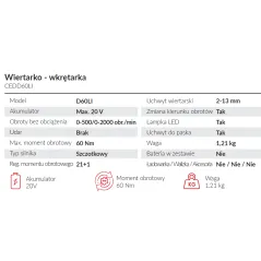 Wiertarko–wkrętarka Cedrus CEDD60LI