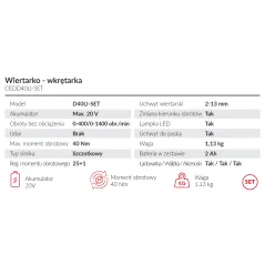 Wiertarko-wkrętarka Cedrus CEDD40LI-SET z baterią i walizką