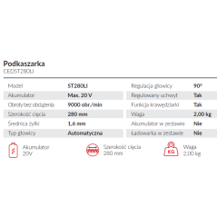 Podkaszarka akumulatorowa Cedrus CEDST280LI - moc wydajność