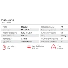 Podkaszarka akumulatorowa Cedrus CEDST280LI - moc wydajność