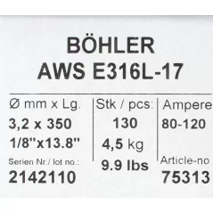 Bohler MMA elektroda spawalnicza chromowo-niklowa 316L 3.2x350/4.5paczka/18.0karton (cena za 1 paczkę)