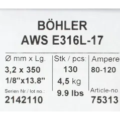 Bohler MMA elektroda spawalnicza chromowo-niklowa 316L 3.2x350/4.5paczka/18.0karton (cena za 1 paczkę)