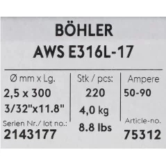 Bohler MMA elektroda spawalnicza chromowo-niklowa 316L 2.5x300/4.0paczka/16.0karton (cena za 1 paczkę)