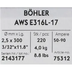 Bohler MMA elektroda spawalnicza chromowo-niklowa 316L 2.5x300/4.0paczka/16.0karton (cena za 1 paczkę)