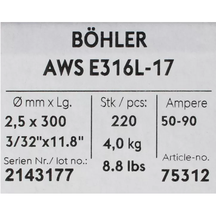 Bohler MMA elektroda spawalnicza chromowo-niklowa 316L 2.5x300/4.0paczka/16.0karton (cena za 1 paczkę) Bohler MMA elektroda spawalnicza chromowo-niklowa 316L 2.5x300/4.0paczka/16.0karton (cena za 1 paczkę)