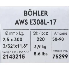 Bohler MMA elektroda spawalnicza chromowo-niklowa 308L 2.5x300/3.9paczka/15.6karton (cena za 1 paczkę)