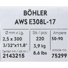 Bohler MMA elektroda spawalnicza chromowo-niklowa 308L 2.5x300/3.9paczka/15.6karton (cena za 1 paczkę)