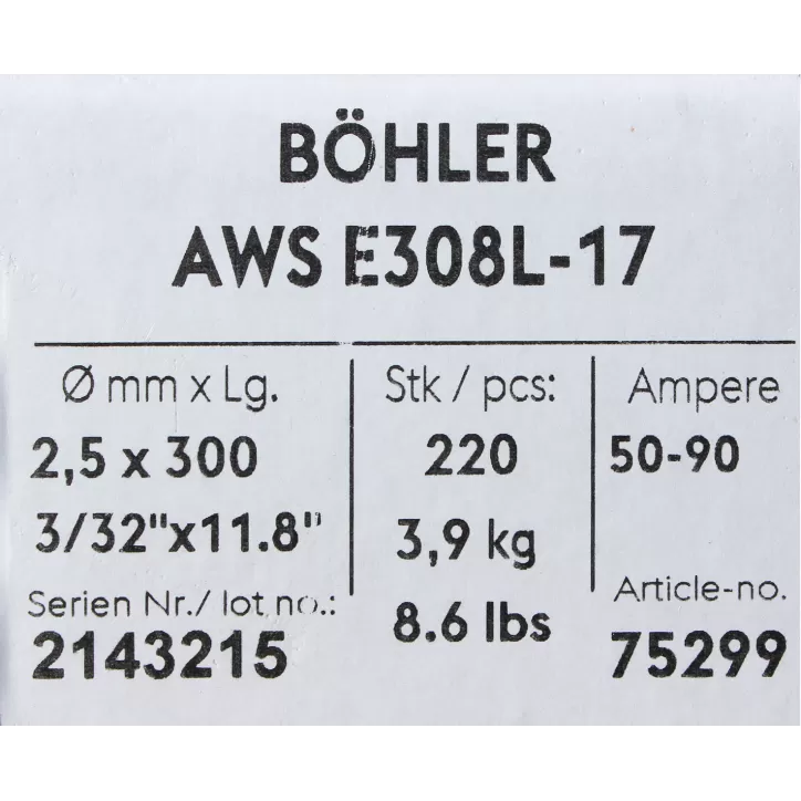 Bohler MMA elektroda spawalnicza chromowo-niklowa 308L 2.5x300/3.9paczka/15.6karton (cena za 1 paczkę) Bohler MMA elektroda spawalnicza chromowo-niklowa 308L 2.5x300/3.9paczka/15.6karton (cena za 1 paczkę)