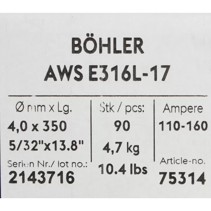 Bohler MMA elektroda spawalnicza chromowo-niklowa 316L 4.0x350/4.7paczka/18.8karton (cena za 1 paczkę) Bohler MMA elektroda spawalnicza chromowo-niklowa 316L 4.0x350/4.7paczka/18.8karton (cena za 1 paczkę)