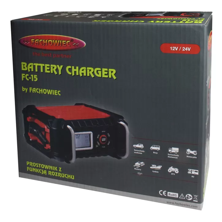 Mikroprocesorowy prostownik do akumulatorów samochodowych z funkcją boost 12V/24V FC-15 Mikroprocesorowy prostownik do akumulatorów samochodowych z funkcją boost 12V/24V FC-15