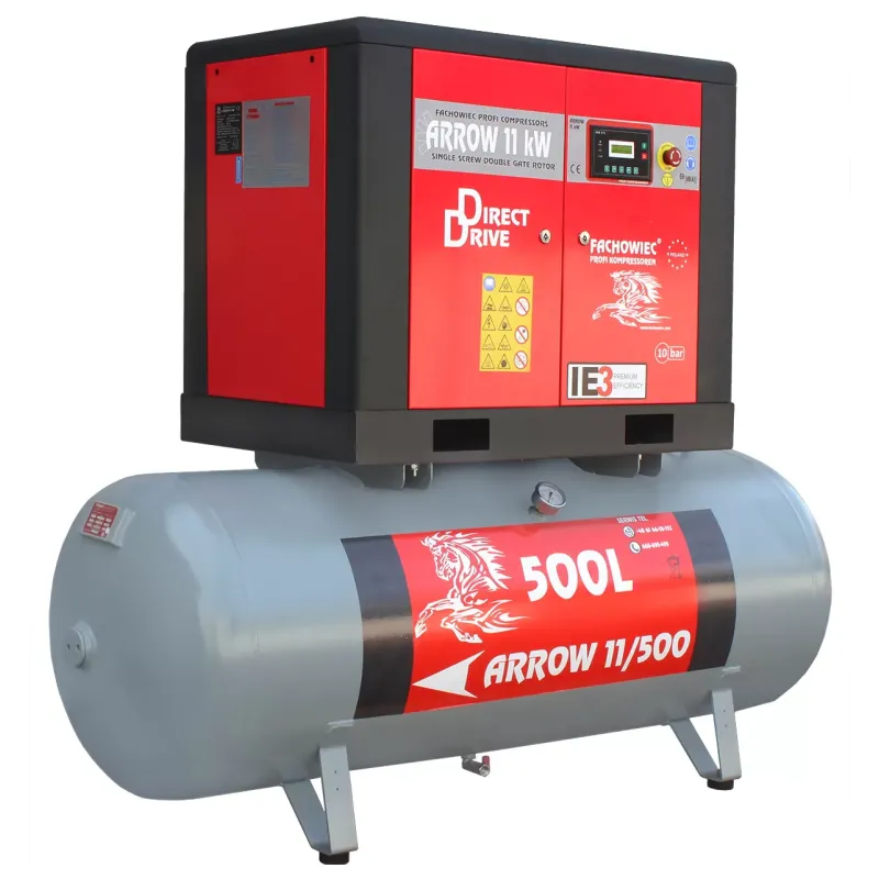 Sprężarka śrubowa Profi Kompressoren ARROW 11kW/500L zestaw na zbiorniku poziomym Sprężarka śrubowa Profi Kompressoren ARROW 11kW/500L zestaw na zbiorniku poziomym