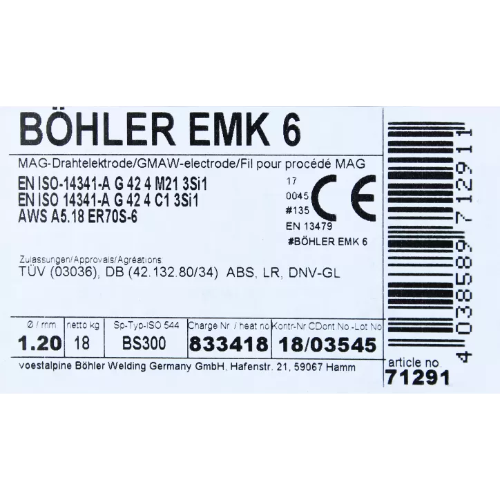Bohler MAG drut spawalniczy EMK6 ER70S-6 G3Si1 12.50 1.2X18kg szpula (cena za 1 szpulę) Bohler MAG drut spawalniczy EMK6 ER70S-6 G3Si1 12.50 1.2X18kg szpula (cena za 1 szpulę)