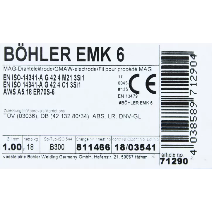 Bohler MAG drut spawalniczy EMK6 ER70S-6 G3Si1 12.50 1.0X18kg szpula (cena za 1 szpulę) Bohler MAG drut spawalniczy EMK6 ER70S-6 G3Si1 12.50 1.0X18kg szpula (cena za 1 szpulę)