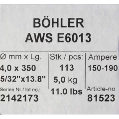 Bohler MMA elektroda spawalnicza rutylowo-celulozowa E6013 RC 4.0x350/5.0paczka/20.0karton (cena za 1 paczkę)