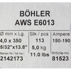Bohler MMA elektroda spawalnicza rutylowo-celulozowa E6013 RC 4.0x350/5.0paczka/20.0karton (cena za 1 paczkę)