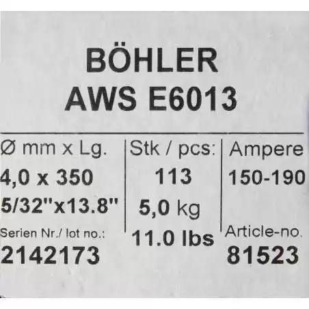 Bohler MMA elektroda spawalnicza rutylowo-celulozowa E6013 RC 4.0x350/5.0paczka/20.0karton (cena za 1 paczkę)
