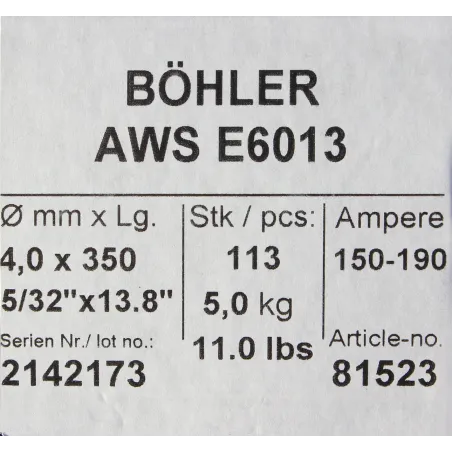Bohler MMA elektroda spawalnicza rutylowo-celulozowa E6013 RC 4.0x350/5.0paczka/20.0karton (cena za 1 paczkę)