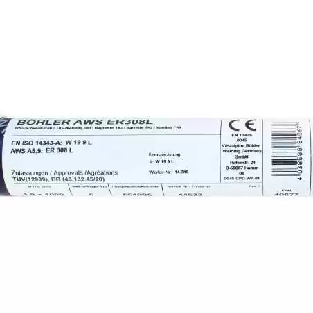 Bohler TIG drut spawalniczy pręt TIG 308L chromowo-niklowy 1.0x1000/opk. 5kg (cena za 1kg)