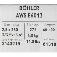 Bohler MMA elektroda spawalnicza rutylowo-celulozowa E6013 RC 2.5x350/5.0paczka/20.0karton (cena za 1 paczkę)