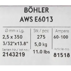 Bohler MMA elektroda spawalnicza rutylowo-celulozowa E6013 RC 2.5x350/5.0paczka/20.0karton (cena za 1 paczkę)