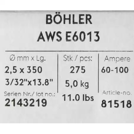 Bohler MMA elektroda spawalnicza rutylowo-celulozowa E6013 RC 2.5x350/5.0paczka/20.0karton (cena za 1 paczkę)