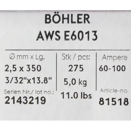 Bohler MMA elektroda spawalnicza rutylowo-celulozowa E6013 RC 2.5x350/5.0paczka/20.0karton (cena za 1 paczkę)