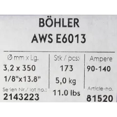 Bohler MMA elektroda spawalnicza rutylowo-celulozowa E6013 RC 3.2x350/5.0paczka/20.0karton (cena za 1 paczkę)