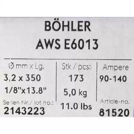 Bohler MMA elektroda spawalnicza rutylowo-celulozowa E6013 RC 3.2x350/5.0paczka/20.0karton (cena za 1 paczkę)