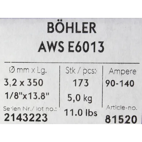 Bohler MMA elektroda spawalnicza rutylowo-celulozowa E6013 RC 3.2x350/5.0paczka/20.0karton (cena za 1 paczkę)