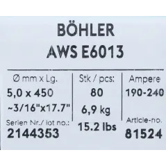Bohler MMA elektroda spawalnicza rutylowo-celulozowa E6013 RC 5.0x450/6.9paczka/27.6karton (cena za 1 paczkę)