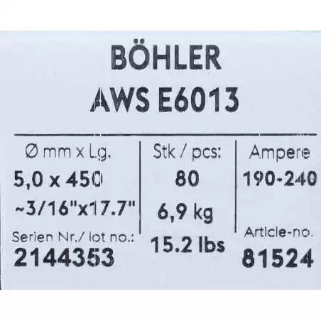 Bohler MMA elektroda spawalnicza rutylowo-celulozowa E6013 RC 5.0x450/6.9paczka/27.6karton (cena za 1 paczkę)
