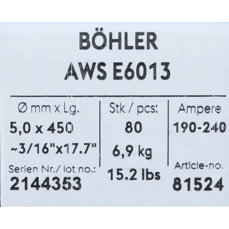 Bohler MMA elektroda spawalnicza rutylowo-celulozowa E6013 RC 5.0x450/6.9paczka/27.6karton (cena za 1 paczkę)