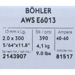 Bohler MMA elektroda spawalnicza rutylowo-celulozowa E6013 RC 2.0x300/4.1paczka/16.4karton (cena za 1 paczkę)