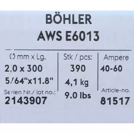 Bohler MMA elektroda spawalnicza rutylowo-celulozowa E6013 RC 2.0x300/4.1paczka/16.4karton (cena za 1 paczkę)