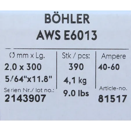 Bohler MMA elektroda spawalnicza rutylowo-celulozowa E6013 RC 2.0x300/4.1paczka/16.4karton (cena za 1 paczkę)
