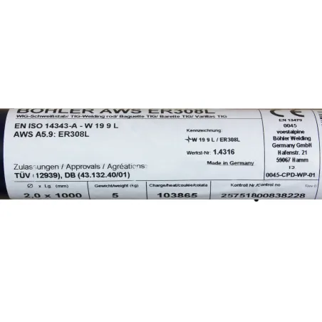 Bohler TIG drut spawalniczy pręt TIG 308L chromowo-niklowy 2.0x1000/opk. 5kg (cena za 1kg)