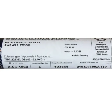 Bohler TIG drut spawalniczy pręt TIG 308L chromowo-niklowy 2.4x1000/opk. 5kg (cena za 1kg)