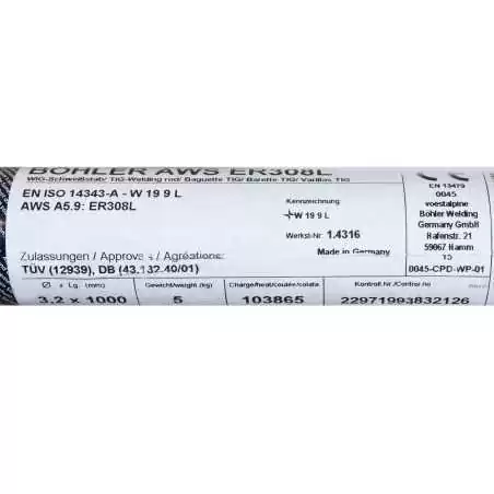 Bohler TIG drut spawalniczy pręt TIG 308L chromowo-niklowy 3.2x1000/opk. 5kg (cena za 1kg)