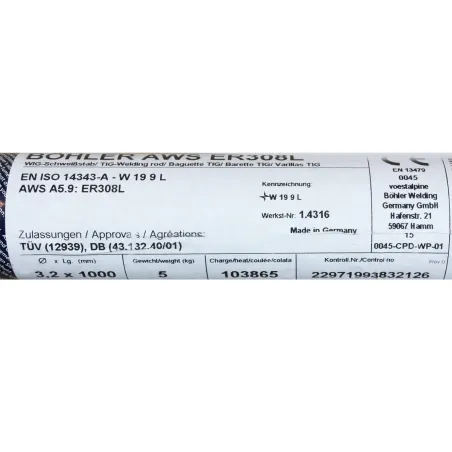 Bohler TIG drut spawalniczy pręt TIG 308L chromowo-niklowy 3.2x1000/opk. 5kg (cena za 1kg)
