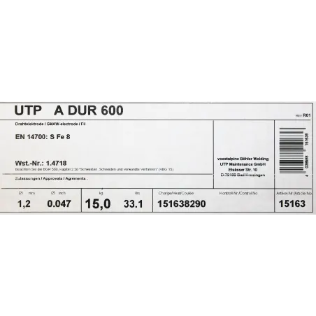 Bohler MAG drut spawalniczy do napawania DUR 600 1.2X15kg szpula (cena za 1 szpulę)