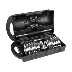 Hantle żeliwne chromowane regulowane w walizce z gryfem, zestaw 15kg REBEL ACTIVE