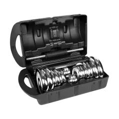 Hantle żeliwne chromowane regulowane w walizce z gryfem, zestaw 20kg REBEL ACTIVE