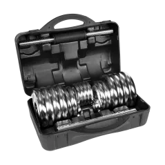 Hantle żeliwne chromowane regulowane w walizce z gryfem, zestaw 30kg REBEL ACTIVE